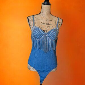 Denim bodysuit with Rhinestone Fringe